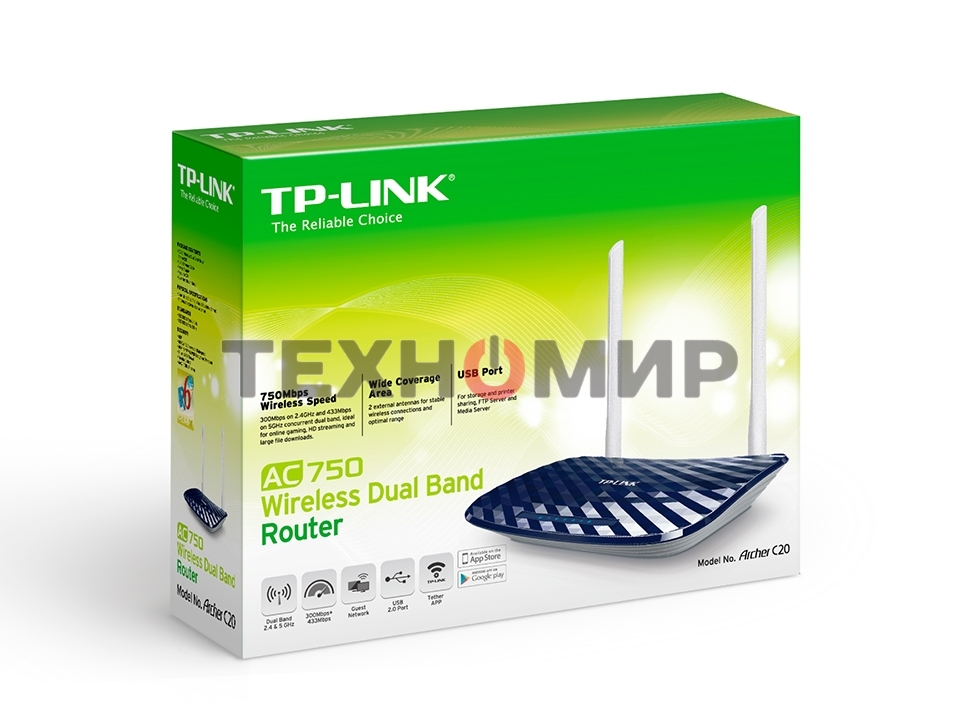 Маршрутизатор беспроводной TP-Link Archer C20 10/100BASE-TX синий