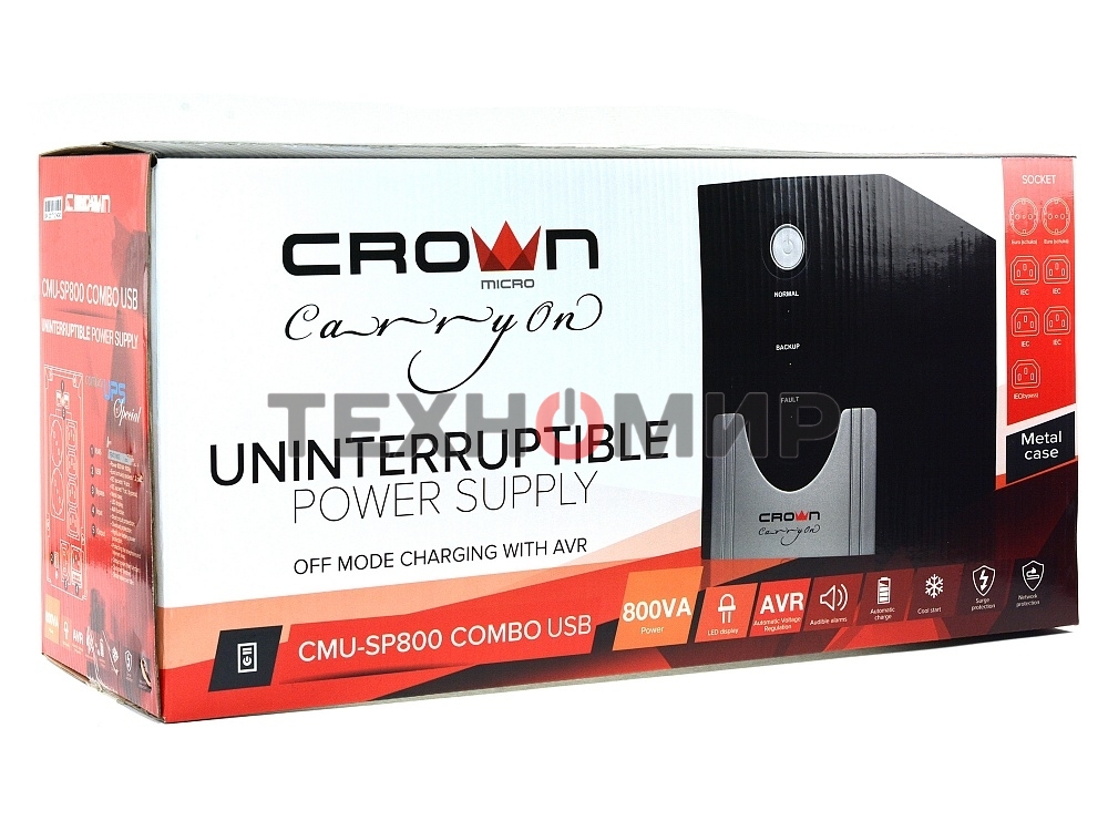 Источник бесперебойного питания CROWN Line Intractive CMU-SP800 COMBO USB 800VA\480W, корпус металл, 1x12V/9AH, розетки 4*IEC + 2*EURO+1*IEC bybass, трансформатор AVR 140-290V, съемный кабель 1.2 м, порт RJ11/45, порт USB, защита: от перегрузки, от КЗ, от
