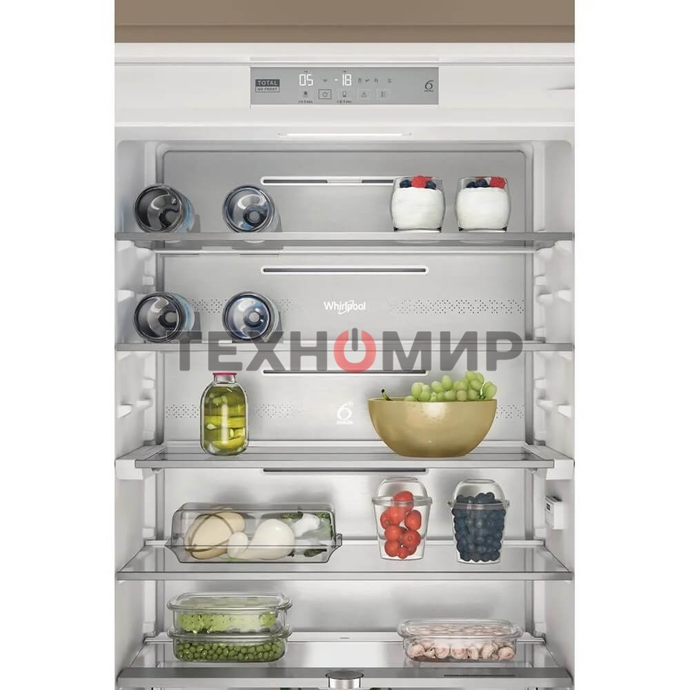 Холодильник встраиваемый Whirlpool WHSP70T241P 70 см, 193.5х54.3х69 см, 295/95 л, инверторный компрессор, автоматическая разморозка, зона свежести влажная, сенсорное управление, технология 6 SMYSL FreshControl, MultiFlow, FreezeControl, перенавешиваемые д