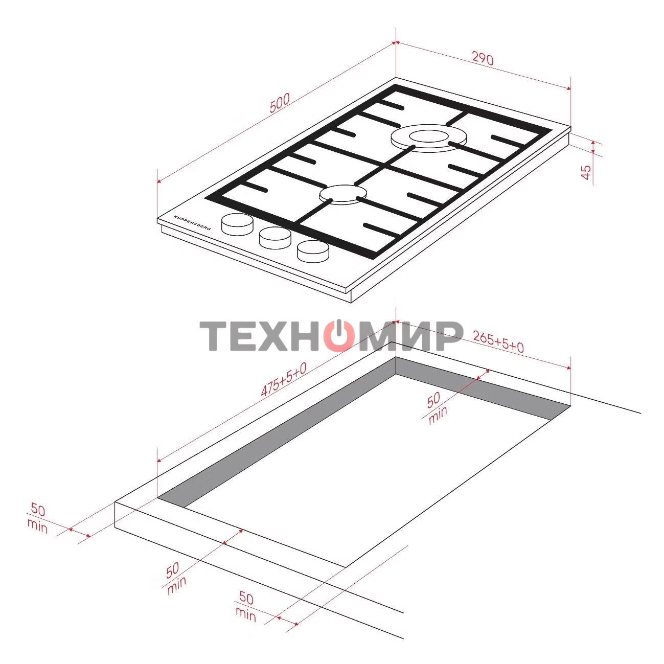 Газовая варочная панель Kuppersberg FS 36 X, газ, High-Tech, 29 см, автоматический электроподжиг, газ-контроль, форсунки под сжиженый газ, SABAF конфорки, чугунные решетки, цвет нержавеющая сталь, цвет фурнитуры черный