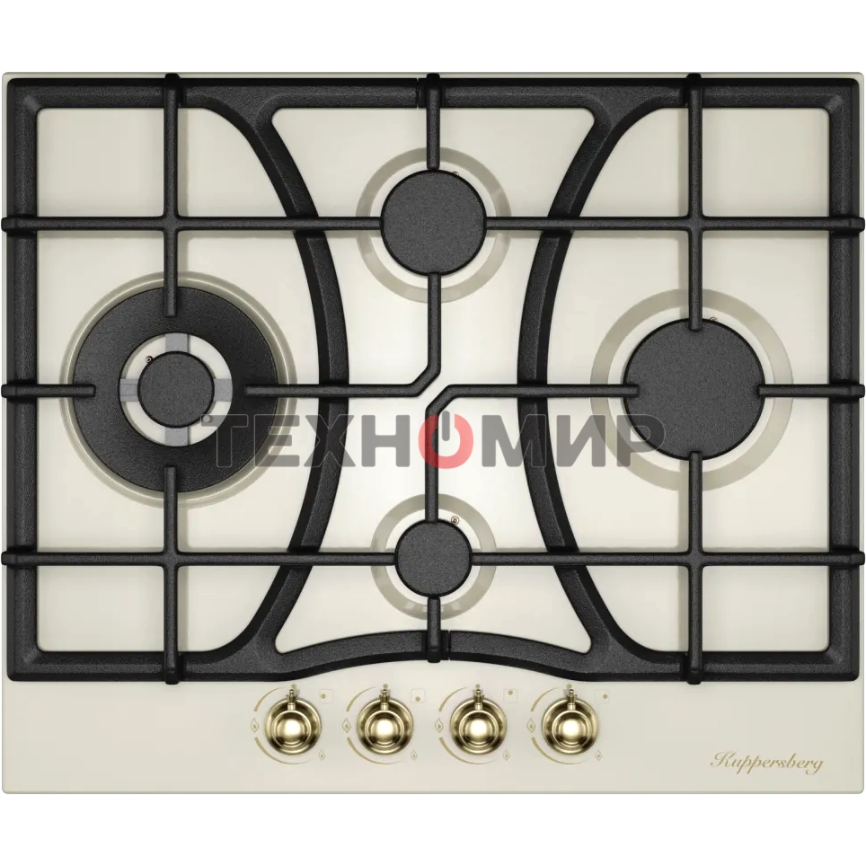 Газовая варочная панель Kuppersberg FS 610 C Bronze, газ, Classic, 61 см, автоматический электроподжиг, газ-контроль, SABAF конфорки, чугунные решетки, цвет бежевый, цвет фурнитуры бронзовый