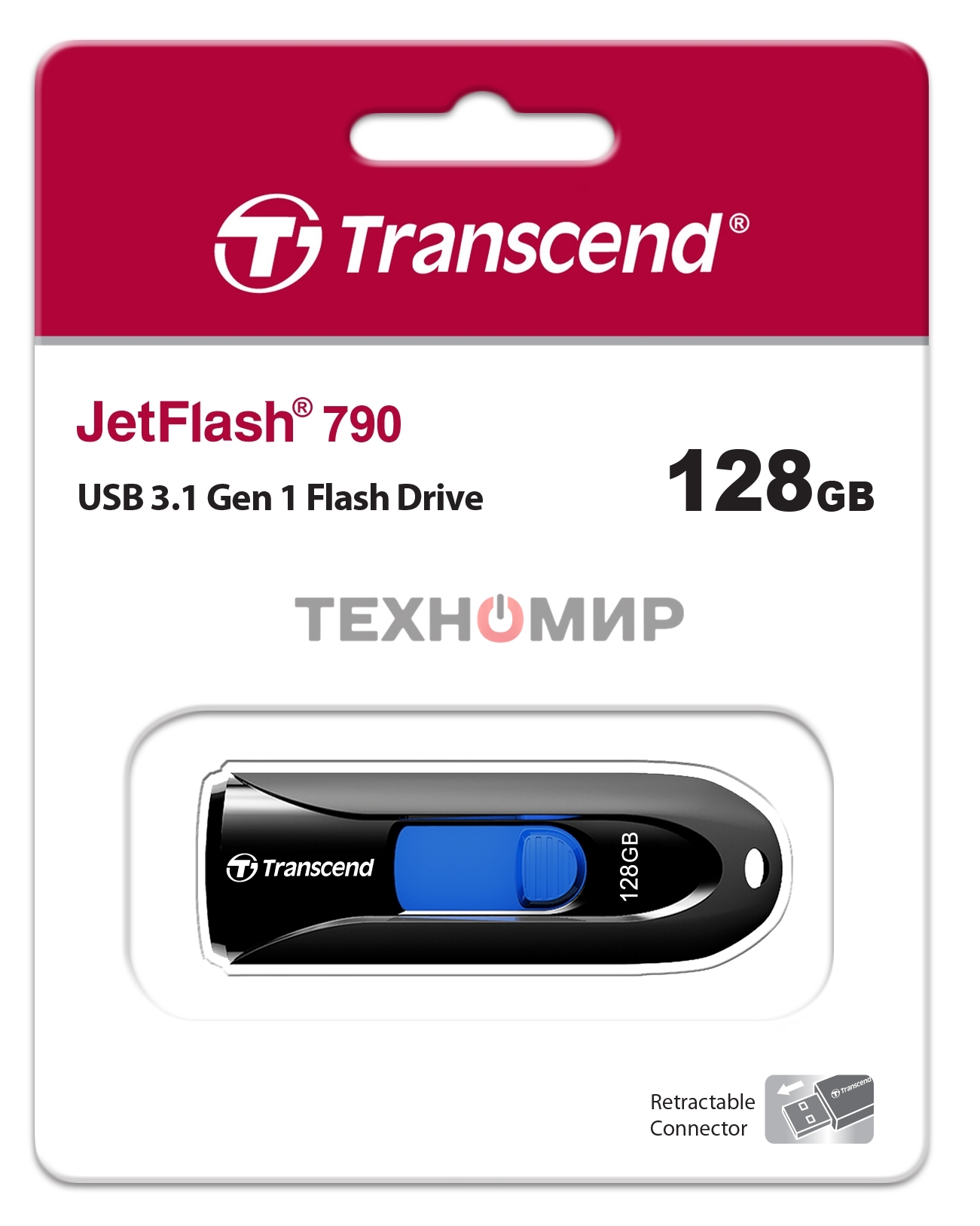 Флешка USB Transcend JetFlash 790 (TS128GJF790K), 128Gb, USB 3.0, R/W 90/40, черный/синий