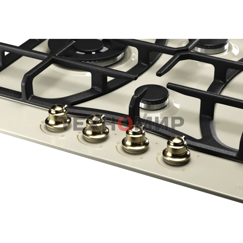 Газовая варочная панель Kuppersberg FS 610 C Bronze, газ, Classic, 61 см, автоматический электроподжиг, газ-контроль, SABAF конфорки, чугунные решетки, цвет бежевый, цвет фурнитуры бронзовый