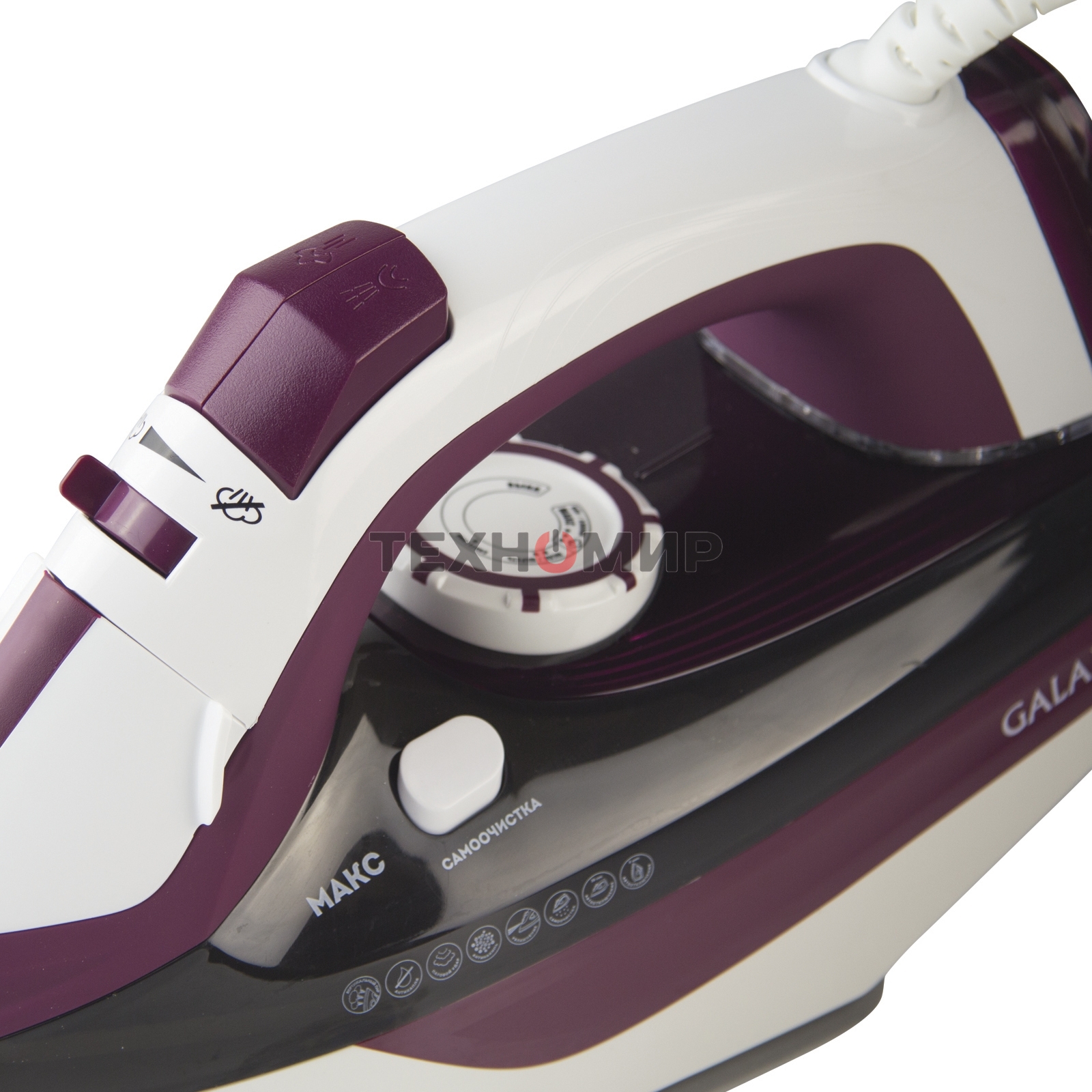 Утюг Galaxy Line GL 6108, бордовый с белым, паровой, 2400 Вт, постоянный пар 50 г/мин, паровой удар 230 г/мин, функции: автоотключение, самоочистка, антикапля, антинакипь, вертикальное отпаривание, индикатор автоотключения, индикатор нагрева, функция увла