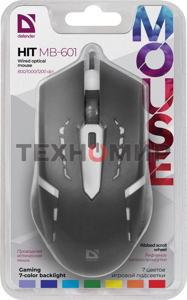 Мышь проводная Defender Hit MB-601 черный, 1200 dpi, USB, кнопки - 4