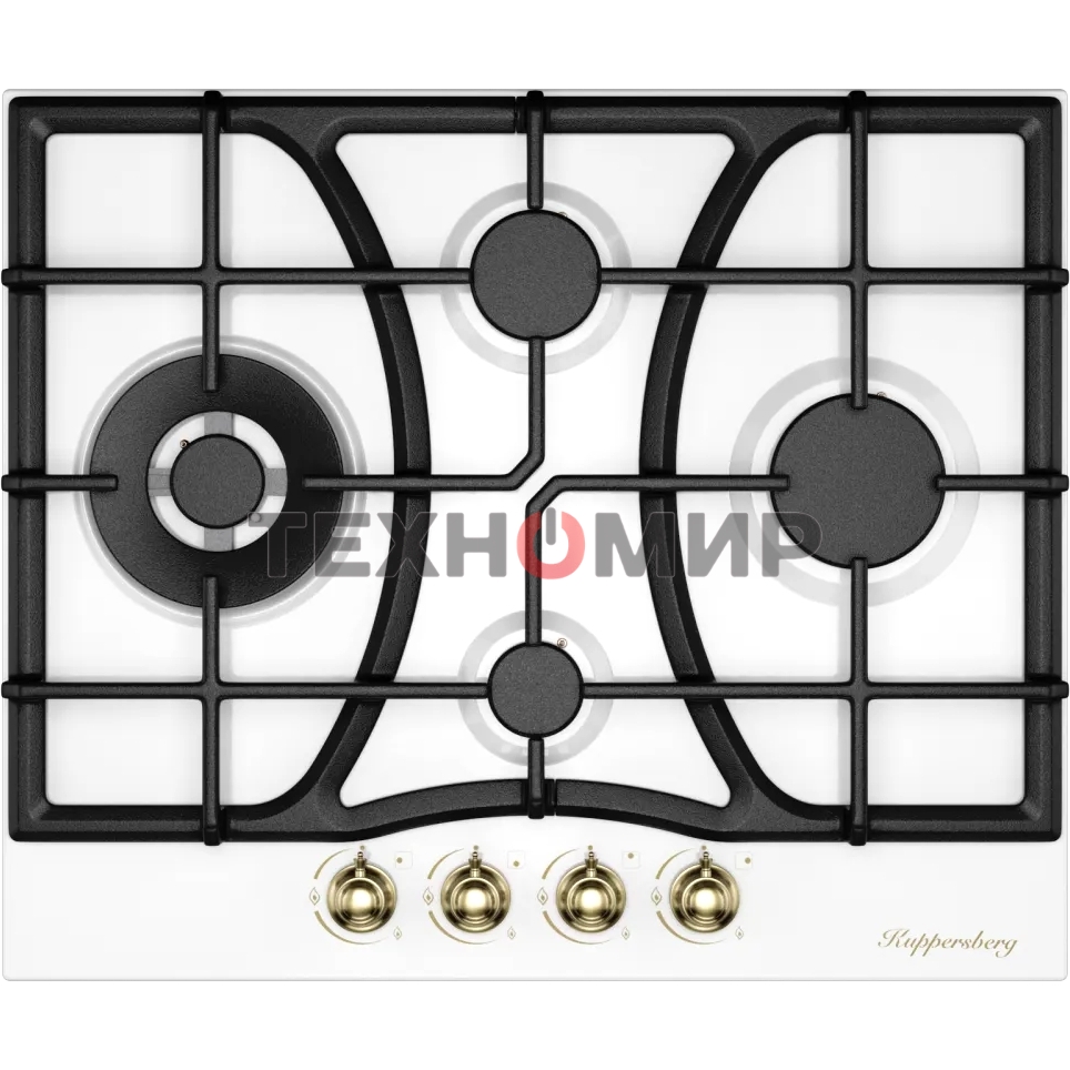 Варочная поверхность Kuppersberg FS 610 W Bronze, газ, Classic, 61 см, автоматический электроподжиг, газ-контроль, SABAF конфорки, чугунные решетки, цвет белый, цвет фурнитуры бронзовый