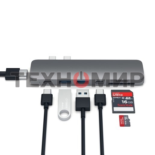 USB-концентратор Satechi Aluminum Pro Hub для Macbook Pro (USB-C). Порты: HDMI, Thunderbolt 3, USB Type-C, SD, microSD, 2 x USB 3.0. серый космос.