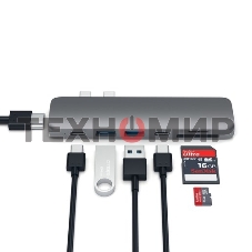 USB-концентратор Satechi Aluminum Pro Hub для Macbook Pro (USB-C). Порты: HDMI, Thunderbolt 3, USB Type-C, SD, microSD, 2 x USB 3.0. серый космос.