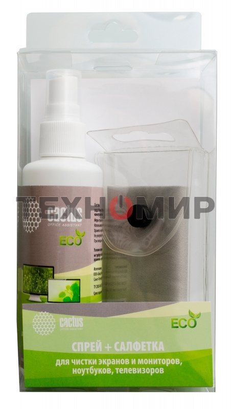Чистящий набор (салфетки + спрей) Cactus CS-S3001E для экранов и оптики 1 шт 18x18 см 100 мл