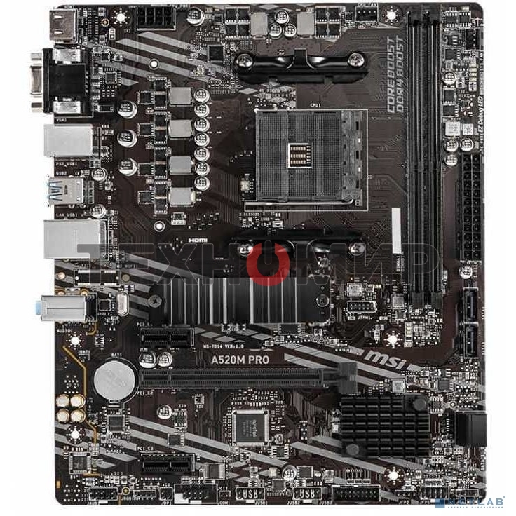 Материнская плата MSI A520M PRO, AM4, AMD A520, 2xDDR4, 4xSATA, 1xM.2, 1xPCIe 3.0 x16, 1xVGA, 1xDP, 1xHDMI, 1x 1Gb LAN, 2xUSB 2.0, 4xUSB 3.2 Gen 1, 3x3.5 мм, 7.1, mATX