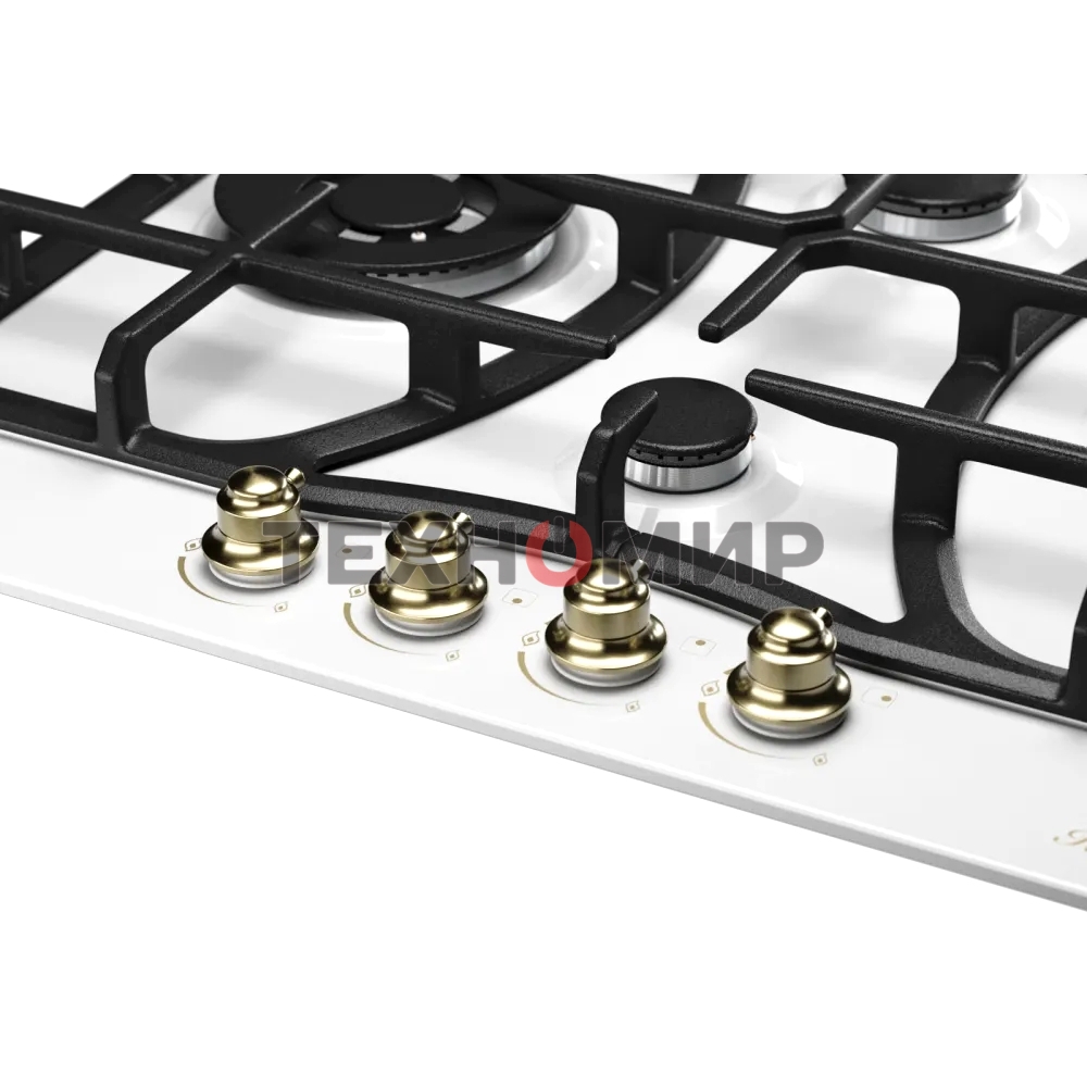 Варочная поверхность Kuppersberg FS 610 W Bronze, газ, Classic, 61 см, автоматический электроподжиг, газ-контроль, SABAF конфорки, чугунные решетки, цвет белый, цвет фурнитуры бронзовый