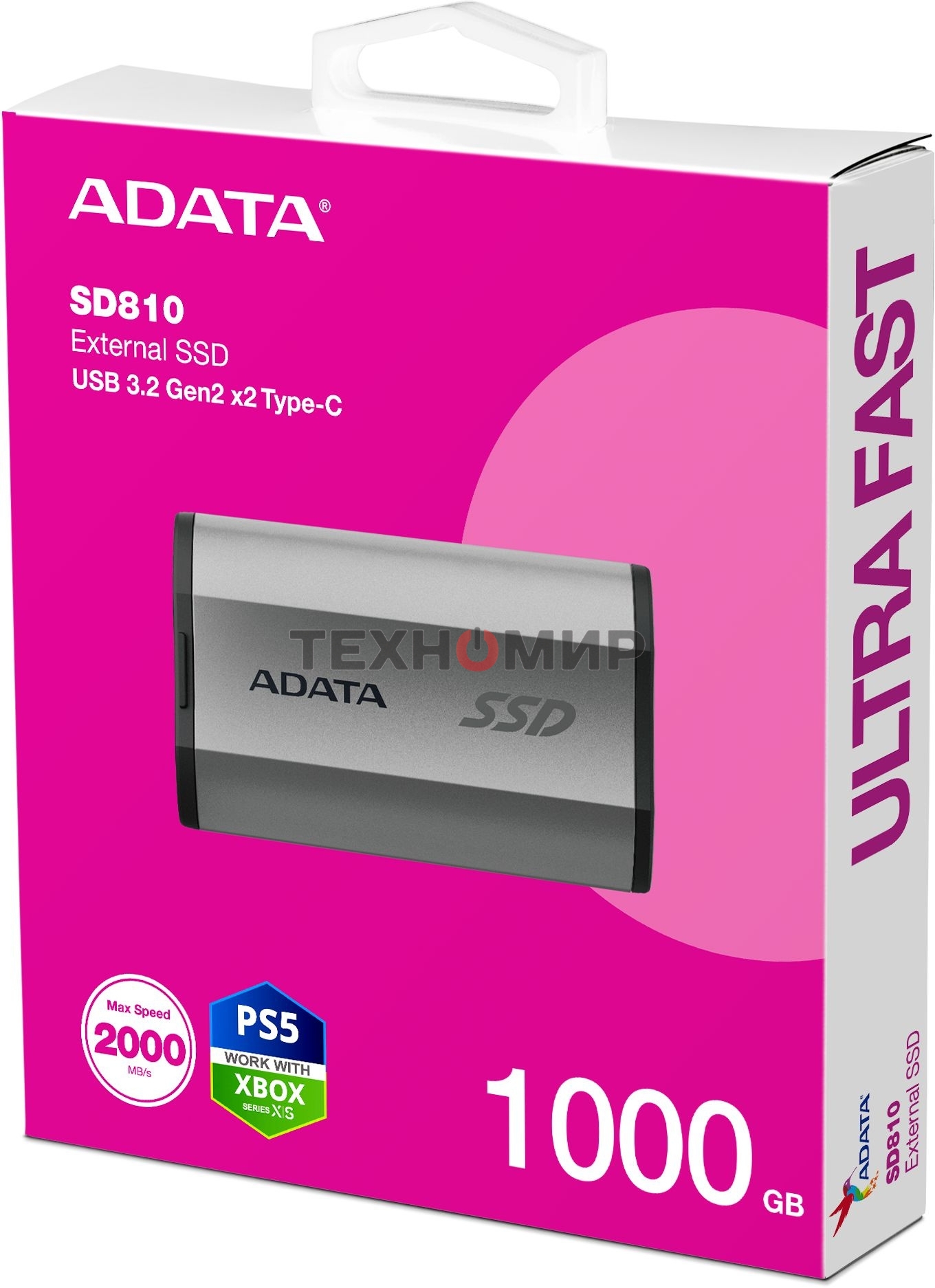 Внешний SSD ADATA SD810, 1TB, USB 3.2 Gen 2x2 Type-C, R/W 2000/2000, серебристый