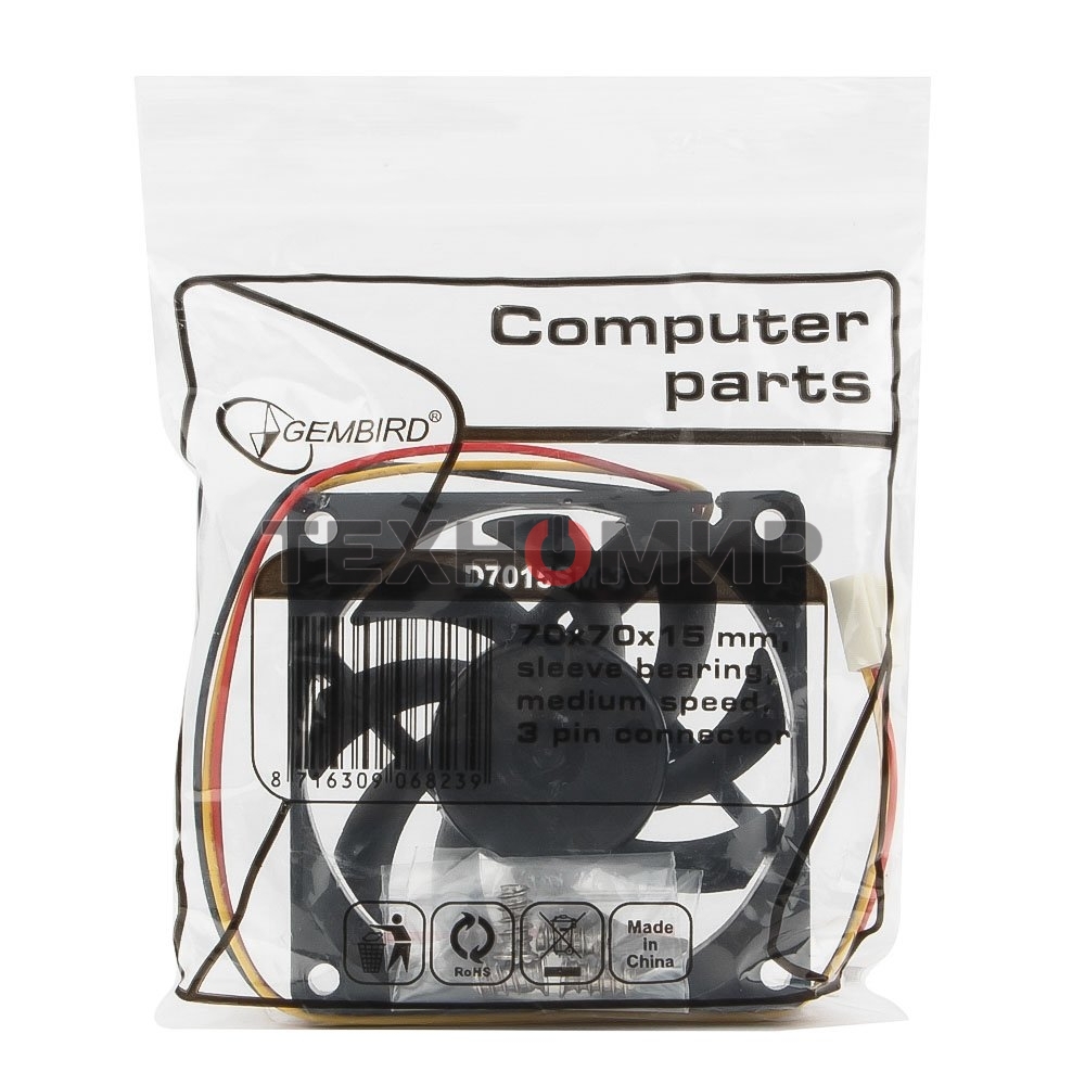 Вентилятор для корпуса Gembird черный, 70 мм, 4000 об/мин, 37.6 дБ, 3 pin