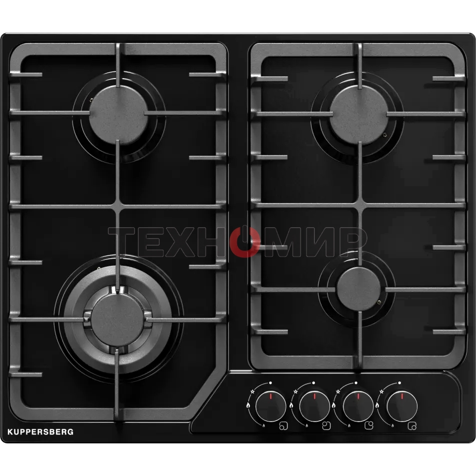 Варочная панель Kuppersberg FS 66 B, газ, High-Tech, 58 см, автоматический электроподжиг, газ-контроль, форсунки под сжиженый газ, SABAF конфорки, чугунные решетки, цвет черный, цвет фурнитуры черный
