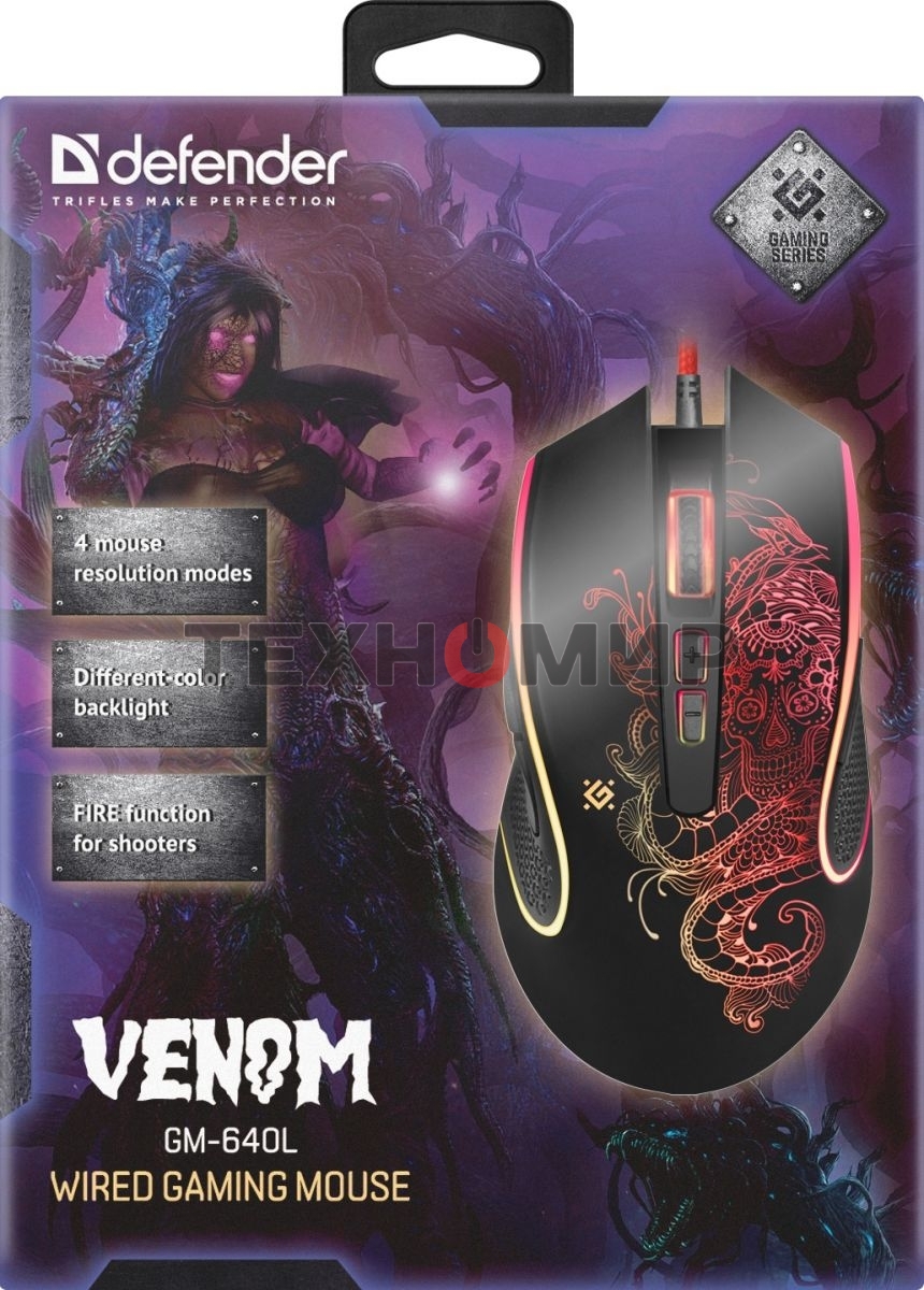 Мышь проводная Defender Venom GM-640L черный, 3200 dpi, USB, кнопки - 8