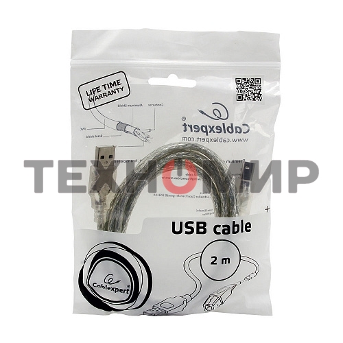Кабель Cablexpert USB2.0 Pro, AM/BM, 2м, экран, 2 феррит.кольца, прозрачный (CCF-USB2-AMBM-TR-2M)