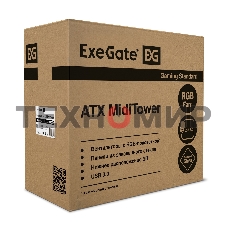 Компьютерный корпус Miditower ExeGate EVO-8225-NPX700 (ATX, БП 700NPX с вент. 12см, 2хUSB+1хUSB 3.0, черный, 2 вент. с RGb подсветкой и полоса на передней панели, боковая панель - закаленное стекло)