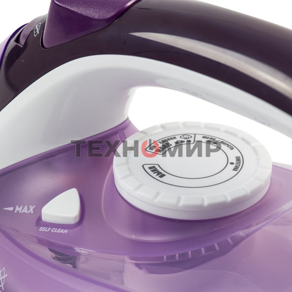Утюг Galaxy Line GL 6124, фиолетовый с белым, паровой, 2500 Вт, постоянный пар 50 г/мин, паровой удар 230 г/мин, функции: самоочистка, антикапля, антинакипь, функция увлажнения, вертикальное отпаривание, защита от перегрева, индикатор нагрева, керамическо