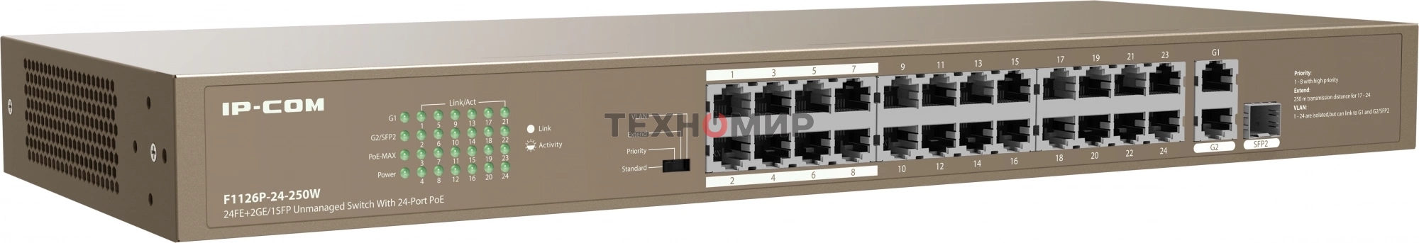 Коммутатор IP-COM F1126P-24-250W PoE неуправляемый 26-Ports 10/100 Mbps Base-TX + 1-Port 1000 Base-X SFP/24-Ports PoE (PoE бюджет 230W)
