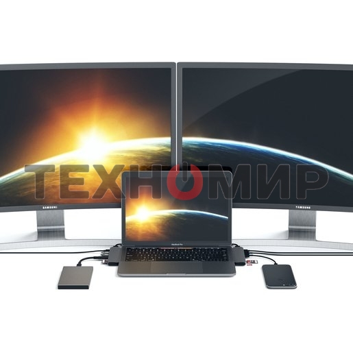 USB-концентратор Satechi Aluminum Pro Hub для Macbook Pro (USB-C). Порты: HDMI, Thunderbolt 3, USB Type-C, SD, microSD, 2 x USB 3.0. серый космос.