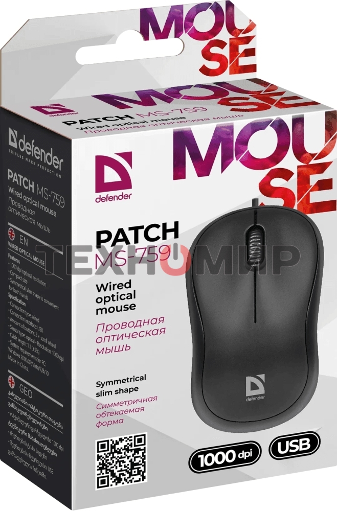 Мышь проводная Defender Patch MS-759 черный, 1000 dpi, USB, кнопки - 3