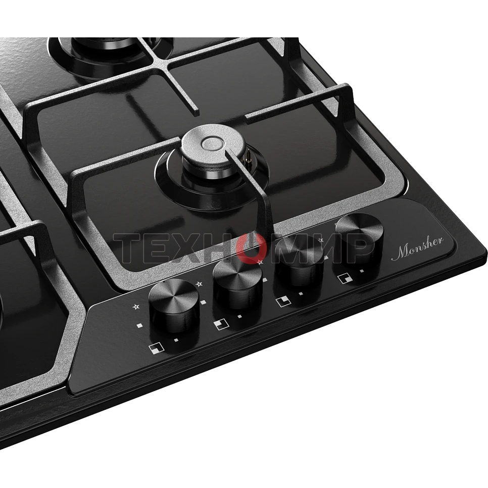 Газовая варочная панель MONSHER, газ, High-Tech, 58 см, автоматический электроподжиг, газ-контроль, форсунки под сжиженый газ, SABAF конфорки, чугунные решетки, черный