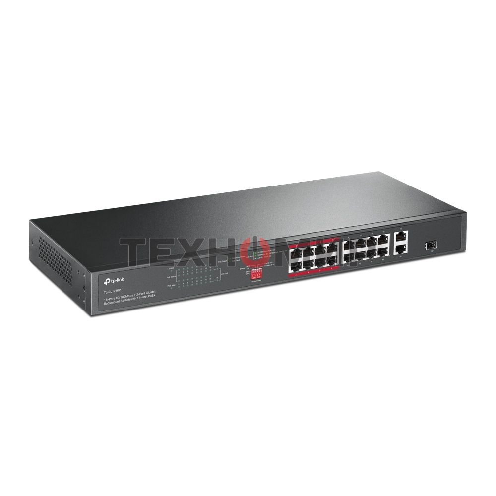 Коммутатор TP-Link 16-port 10/100Mbps + 2-port Gigabit unmanaged switch with 16 PoE+ ports, compliant with 802.3af/at PoE, 150W PoE budget,  support 250m Extend Mode, priority mode and Isolation mode, rackmount, plug and play.