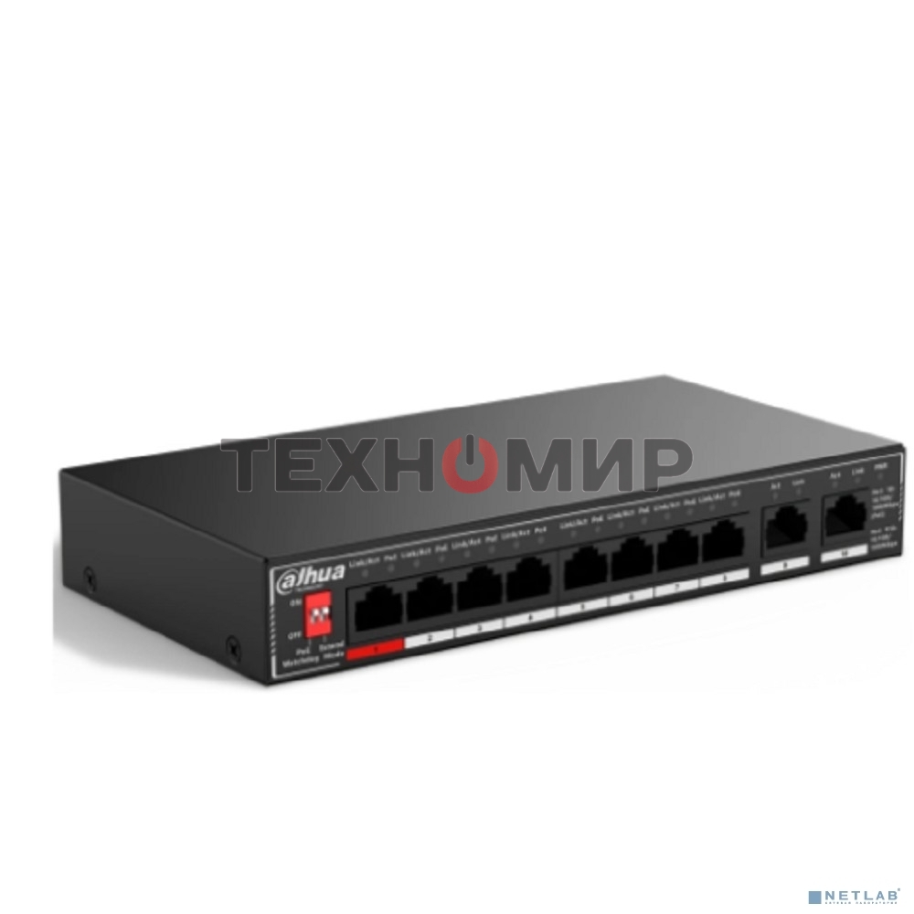Коммутатор гигабитный 10-портовый неуправляемый c PoE Dahua DH-SG1010P, 8xRJ45 1Gb PoE, 2xRJ45 1Gb uplink, суммарно 96Вт, коммутация 20 Гбит/с, MAC-таблица 4K, металл