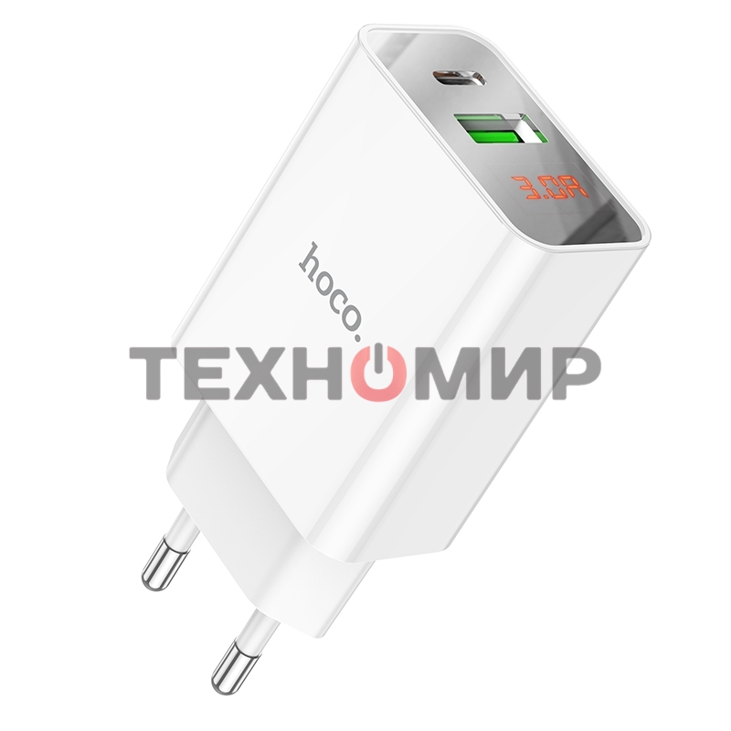 Сетевое зарядное устройство с дисплеем Hoco 18Вт, 3А, QC3.0/PD, 1хUSB, 1хType-C, C100A, белый, коробка