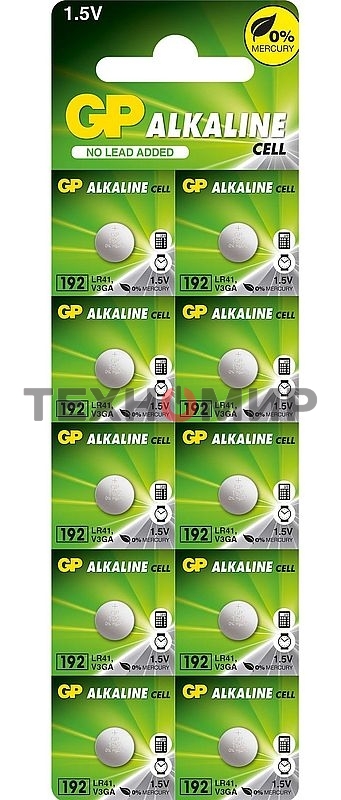 Батарейка GP Alkaline 192 (G3, LR41), алкалиновая, 1 шт., в блистере (отрывной блок), 192-2CY, 4891199015533