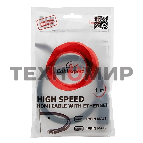 Кабель Cablexpert HDMI CC-HDMI490-15, 19M/19M, v2.0, медь, позол.разъемы, экран, плоский кабель, 1м, черный, пакет