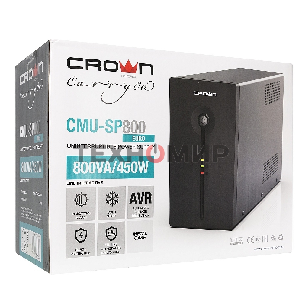 Источник бесперебойного питания CROWN ИБП CMU-SP800EURO 800VA, металл,1x12V/9AH, розетки 3*EURO+1*IEC bybas CM000001492