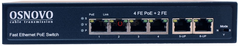 Коммутатор Osnovo SW-20600(80W) PoE коммутатор 6 портов, 4 PoE порта 10/100 Base-T, 2*10/100 Base-T Uplink, до 30W на порт, суммарно до 80W