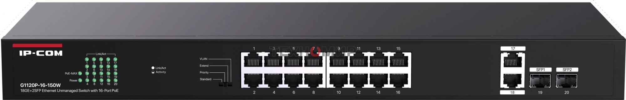 Коммутатор IP-COM 18PORT 1000M 2SFP G1120P-16-150W