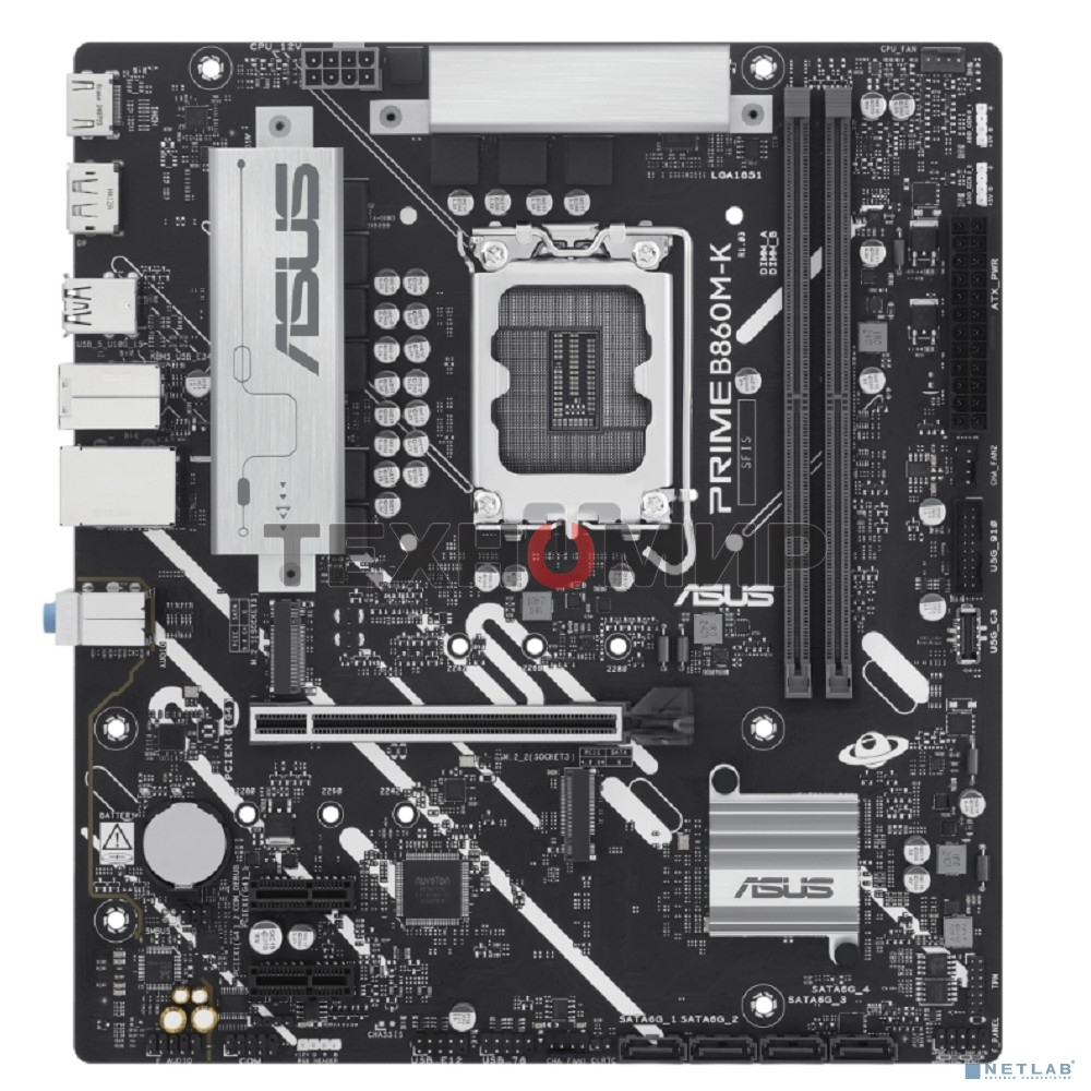 Материнская плата ASUS PRIME B860M-K, LGA 1851, Intel B860, 2xDDR5, 4xSATA, 2xM.2, 1xPCIe 4.0 x16, 2xPCIe 4.0 x1, 1xHDMI, 1xDP, 1x 2.5Gb LAN, 1xUSB-A 10Gbps, 3xUSB-A 5Gbps, 3xUSB-A 2.0, 3x3.5 мм, 7.1, mATX
