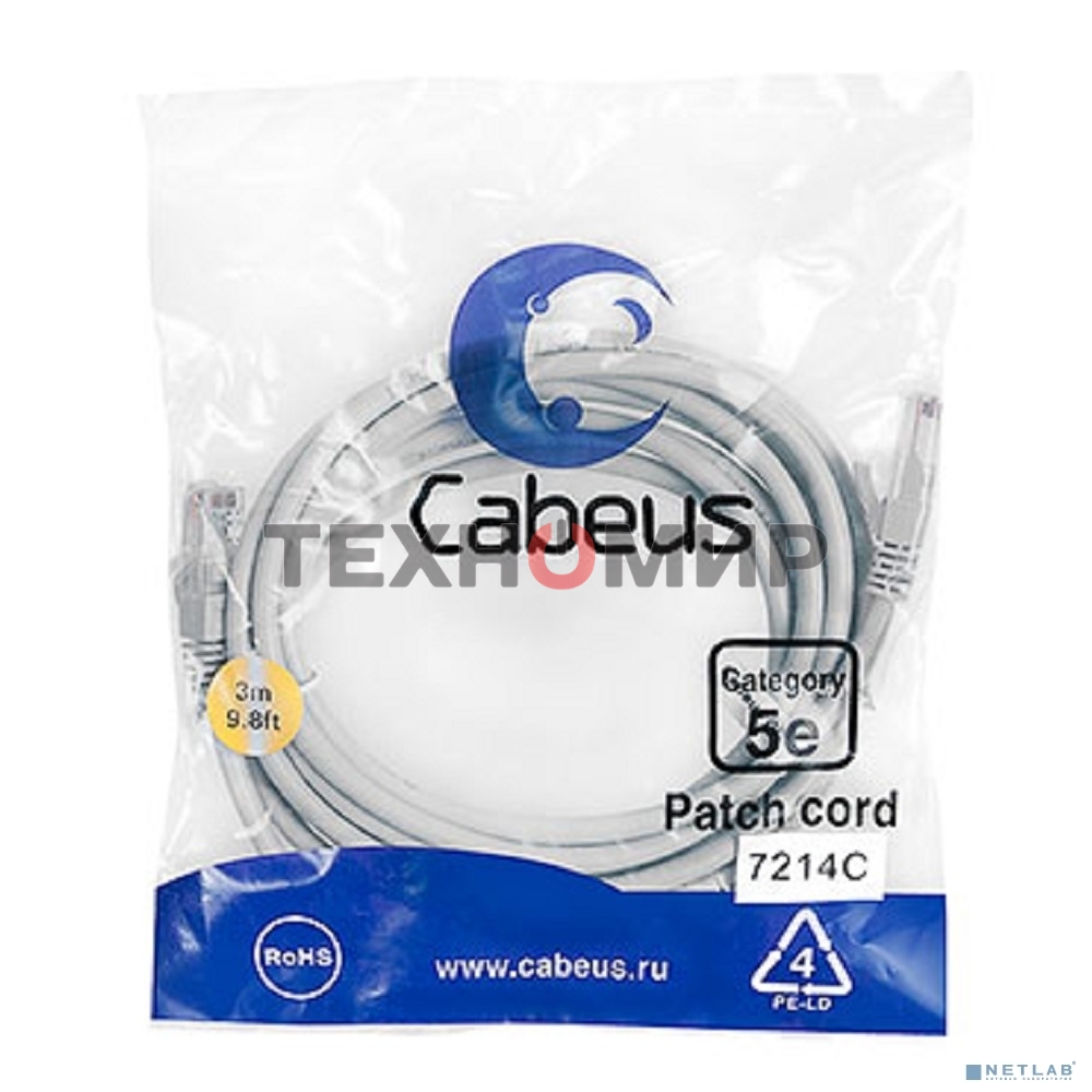 Патч-корд Cabeus PC-UTP-RJ45-Cat.5e-3m U/UTP, cat.5е, 2xRJ45/8p8c, неэкранированный, серый, PVC, 3м