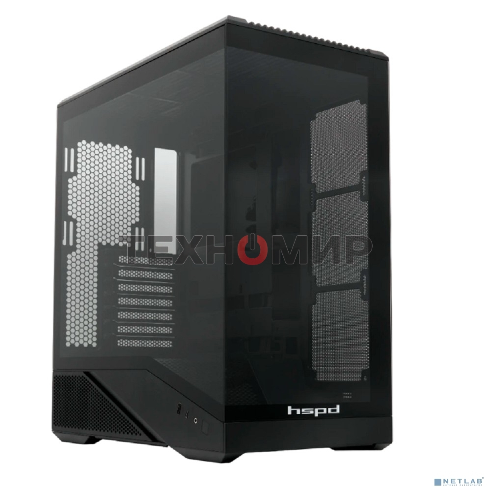 Компьютерный корпус без блока питания HSPD F711-TGbK, Panoramic Full Tower, Black, TG, 0.7 SPCC, no fans ATX, mATX, mITX 190/420/280мм 2x2.5
