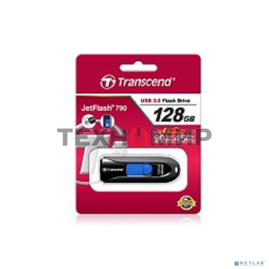 Флешка USB Transcend JetFlash 790 (TS128GJF790K), 128Gb, USB 3.0, R/W 90/40, черный/синий