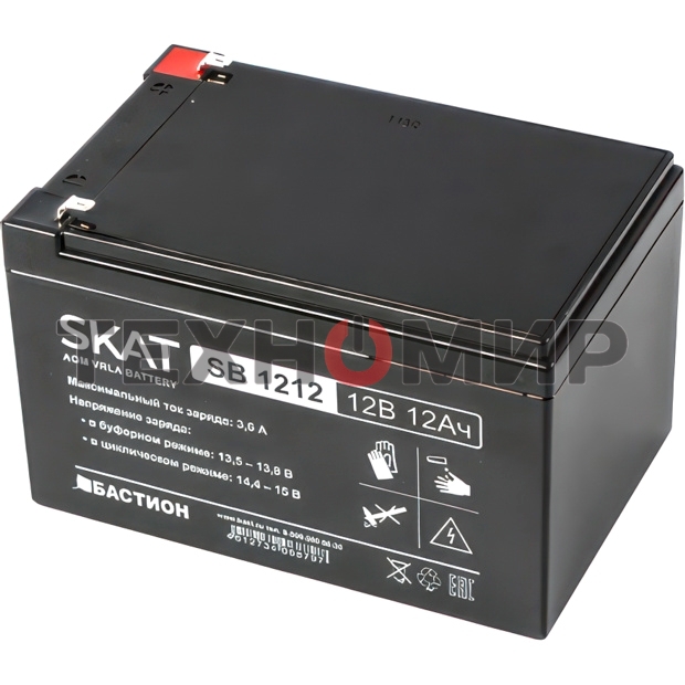 Аккумулятор SKAT SB 1212, 12В, 12Ач, максимальный ток заряда 3,6 А.