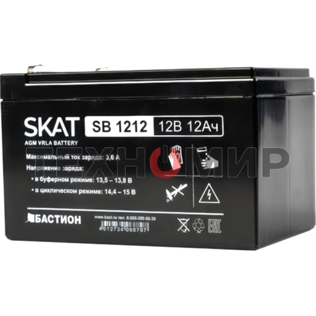 Аккумулятор SKAT SB 1212, 12В, 12Ач, максимальный ток заряда 3,6 А.