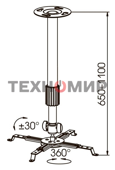 Крепление потолочное Kromax PROJECTOR-300 серый для проектора, 2 ст свободы, наклон 30°, вращение на 360°, от потолка 650-1100 мм, нагрузка до 10 кг
