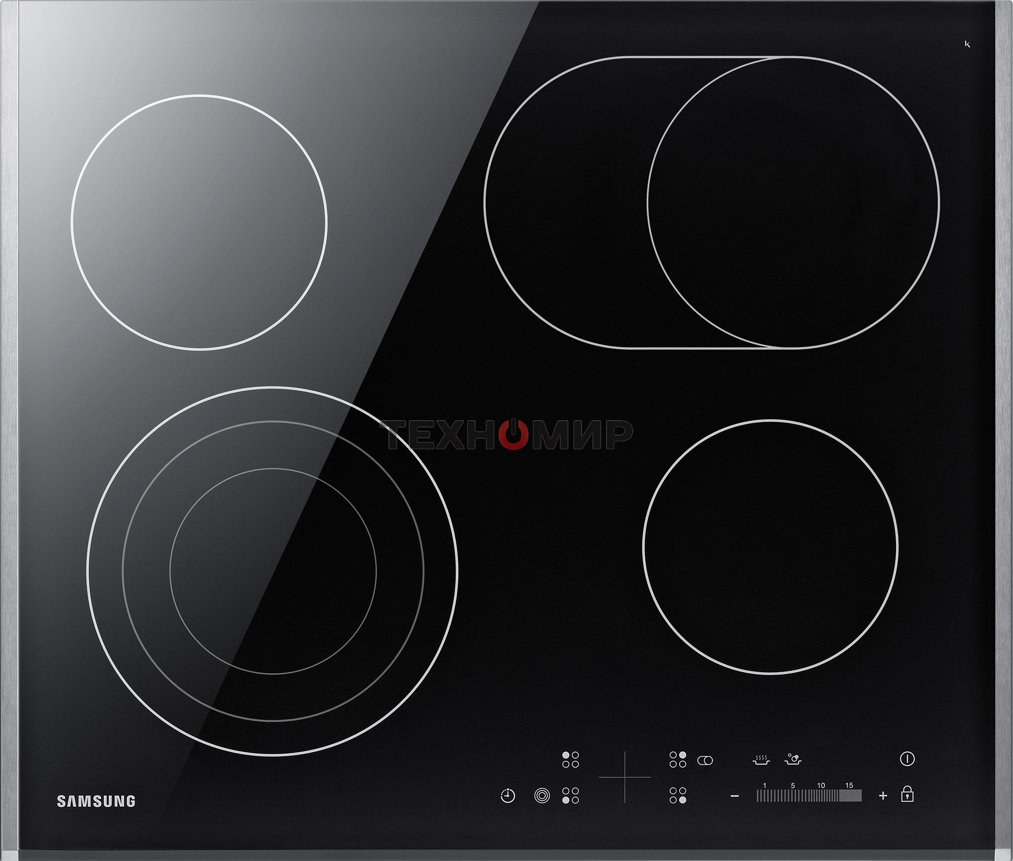 Встраиваемая электрическая панель Samsung NZ64T3536DK/WT 59 x 50.5 x 5.2 см., электронное управление, 15 степеней мощности, автоматическое отключение, защита от детей, блокировка управления, дисплей, 4 конфорки, 2 с зоной расширения, рамка из нержавеющей 