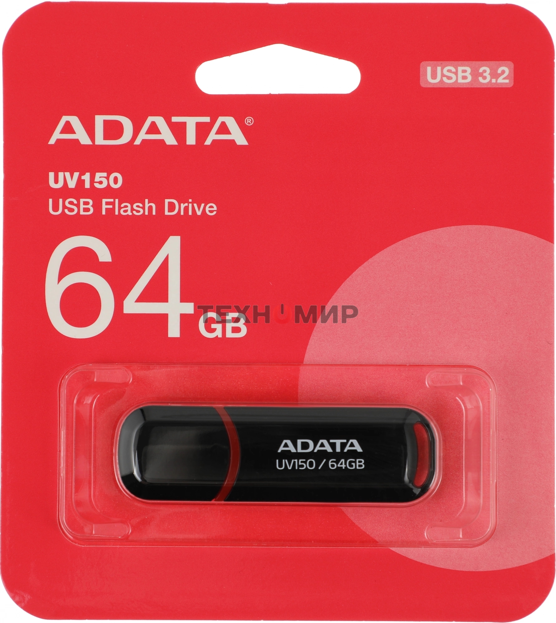Флешка USB ADATA UV150 (AUV150-64G-RBK), 64Gb, USB 3.0, R/W 100/40, черный