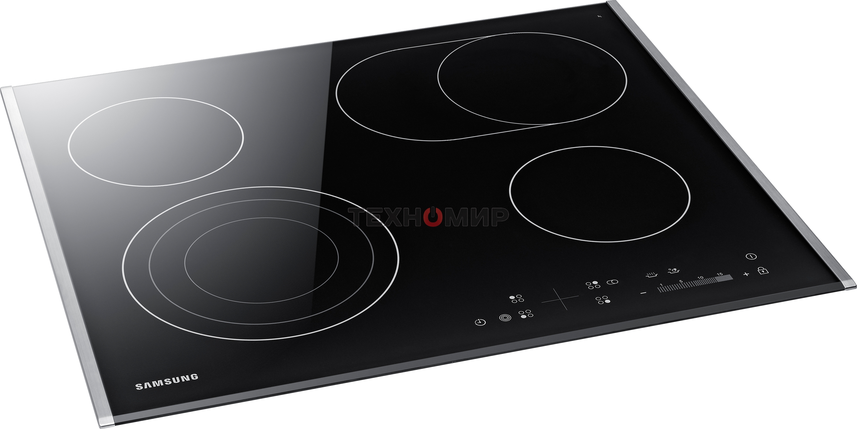 Встраиваемая электрическая панель Samsung NZ64T3536DK/WT 59 x 50.5 x 5.2 см., электронное управление, 15 степеней мощности, автоматическое отключение, защита от детей, блокировка управления, дисплей, 4 конфорки, 2 с зоной расширения, рамка из нержавеющей 