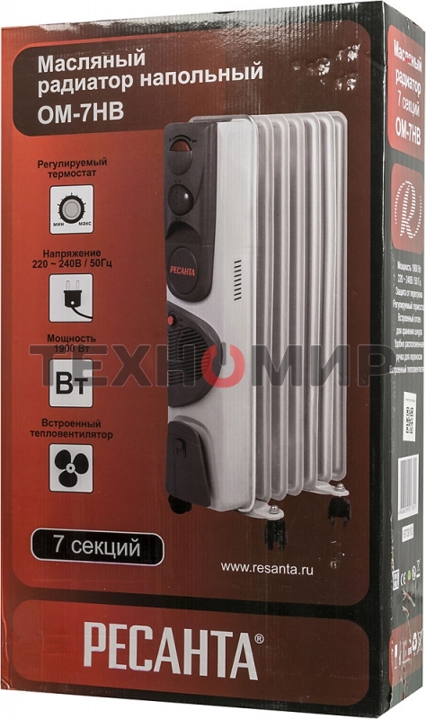 Обогреватель масляный Ресанта ОМ-7НВ (7секций) белый, 1900 Вт, 19 м2, термостат 67/3/10
